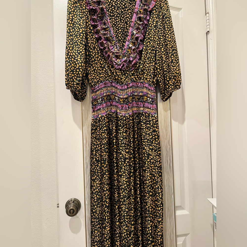 Susan Freis multi-colored smocked tiered midi dress M